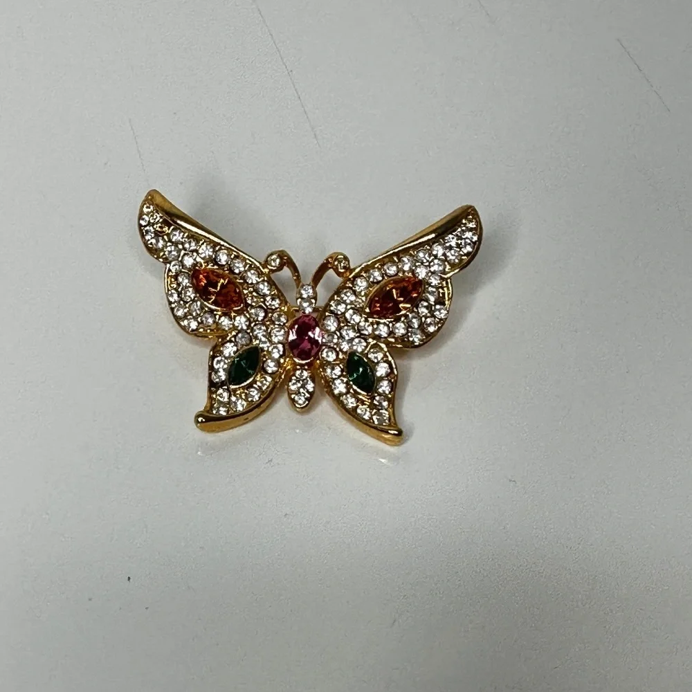 Butterfly‎ Brooch with colorful crystal and gold tone